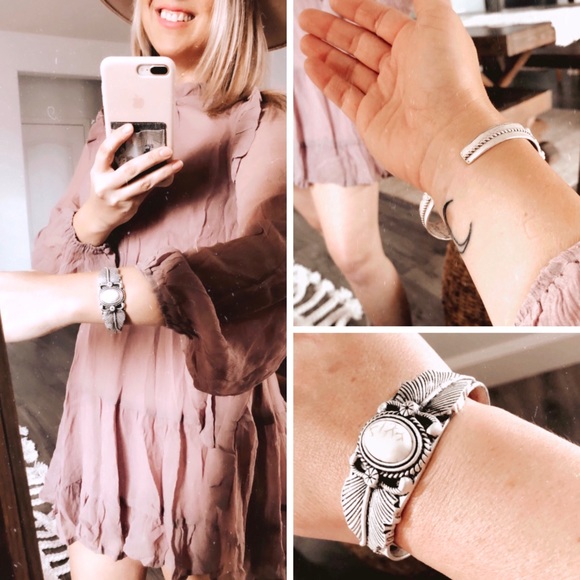 TURQUOISE WHITE Stone FEATHER C- CUFF BRACELET - Picture 4 of 8